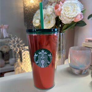 Starbucks Red Tumbler with Green Logo Lid and Straw. 16oz